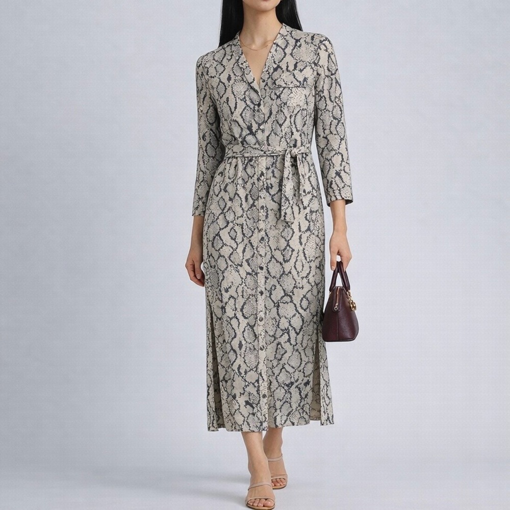 Barney’s New York Silk Snakeskin Print Belted Shirt Dress Pockets Size Small